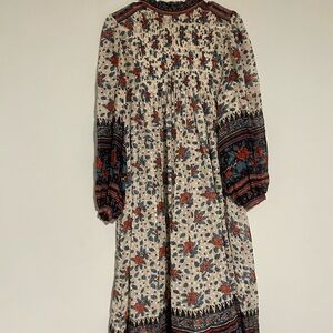 Ulla Johnson Cream Floral Long Sleeve Maxi Dress with Rust and Blue Accents